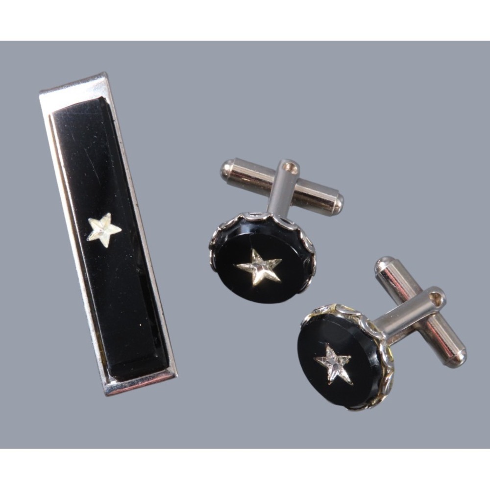 Vintage CUFFLINKS & TIE BAR SET Black w/Clear Glass/Paste Stars in Center MCM